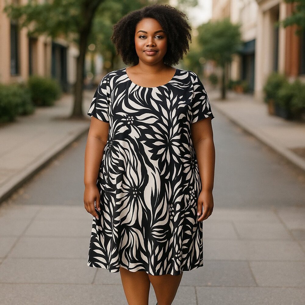 ROZ & ALI Floral Print Dress Stretch Short-sleeve Black & White